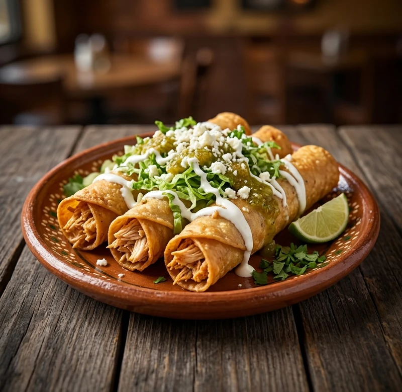 Crispy flautas with crema, queso fresco and salsa at Casa Azul Mexican restaurant, St. Thomas